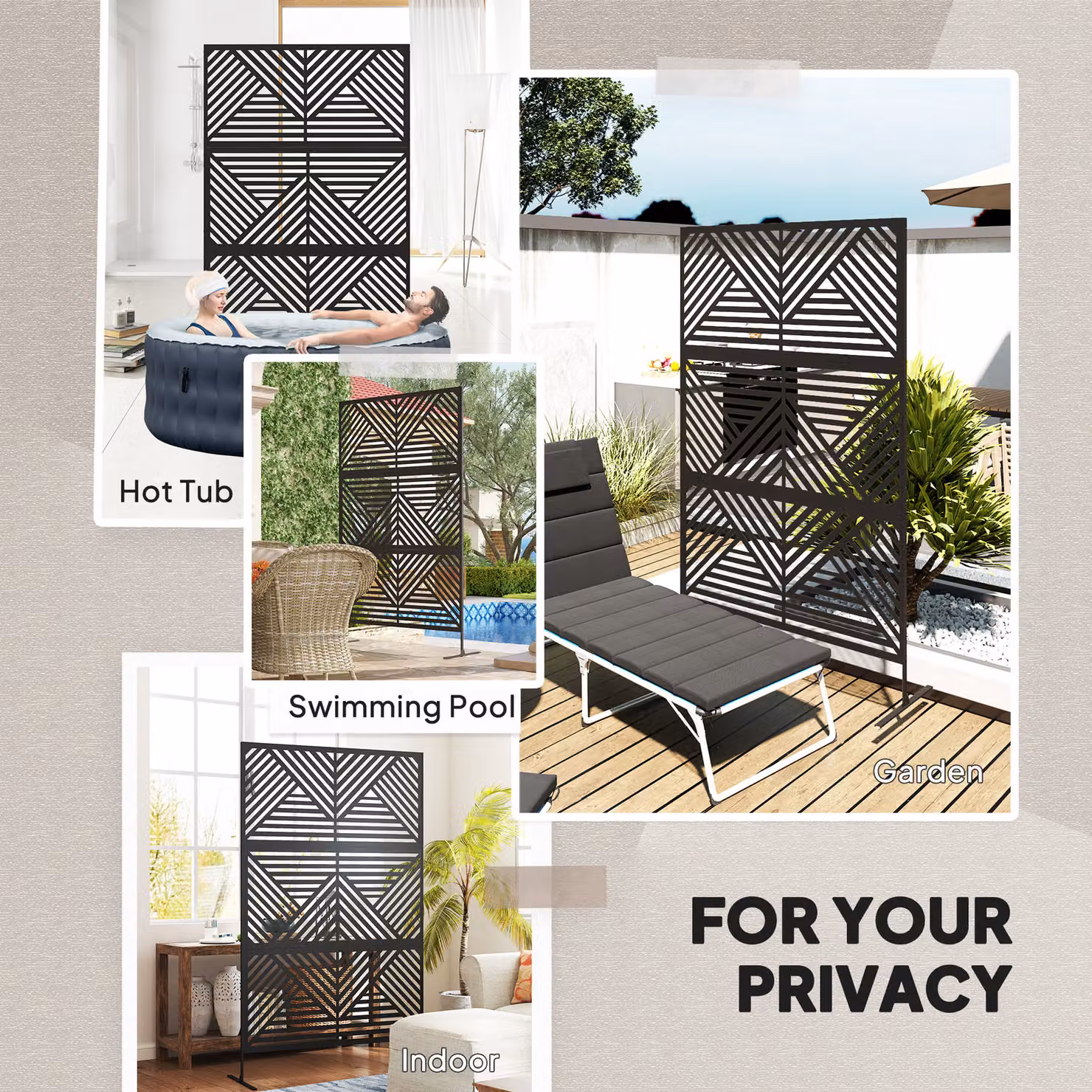Outsunny Decorative Garden Privacy Screen with Stand, 6.5FT Freestanding Black Metal Outdoor Divider, Rhombus Style Steel Paravent – 6