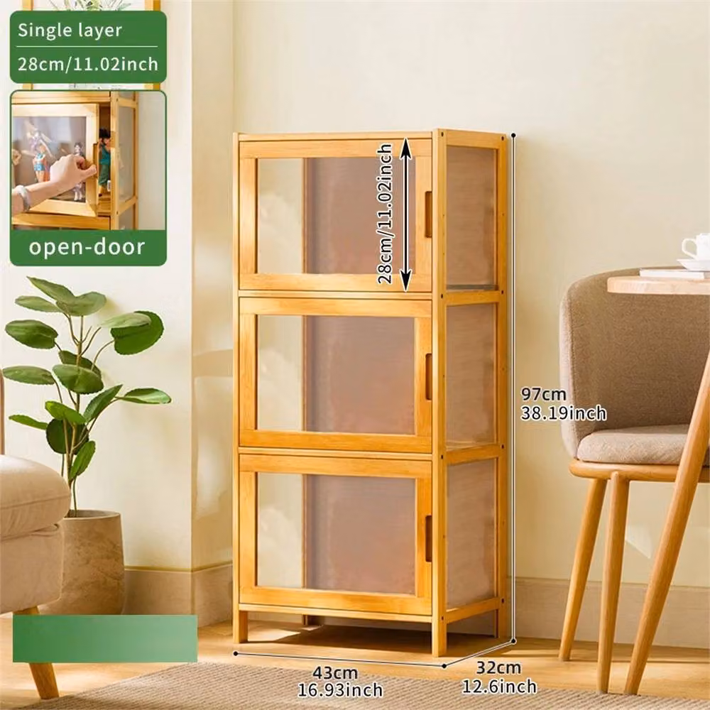 VOGREX 3-Tier Bamboo Display Shelf with Glass Doors in Brown – 2