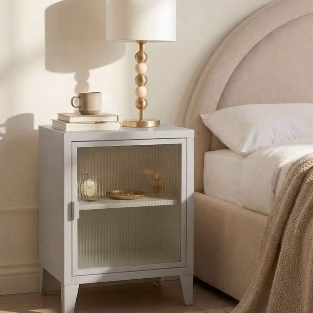 Wyld and Coco Light Grey Metal Storage Cabinet with Glass Doors – 1