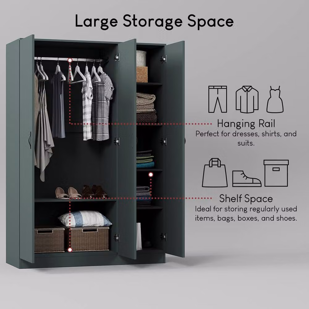 HD Designs Riano 3 Door Wardrobe in Matt Green with Internal Shelves and Hanging Rod – 3