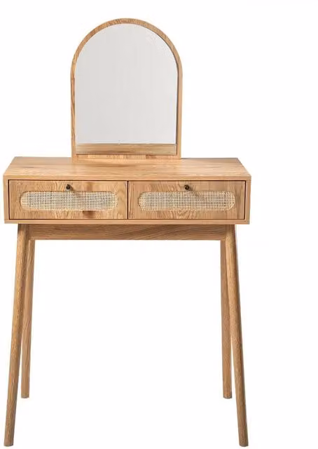 CALICOSY Dressing Table with Mirror and 2 Drawers with Rattan Fronts, Light Brown, W: 80 cm, D: 39 cm, H: 140 cm – 1