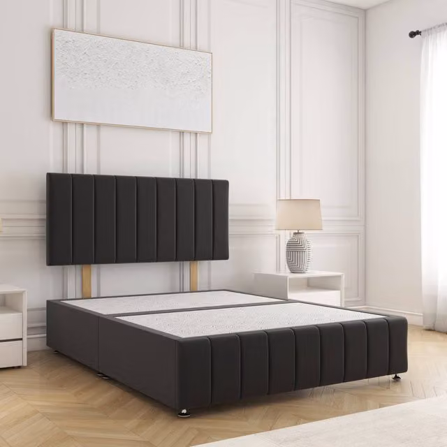 BSSPOKE Sierra Double Divan Bed with 24 inch Plush Velvet Headboard in Black, W/D/H: 140 x 200 cm