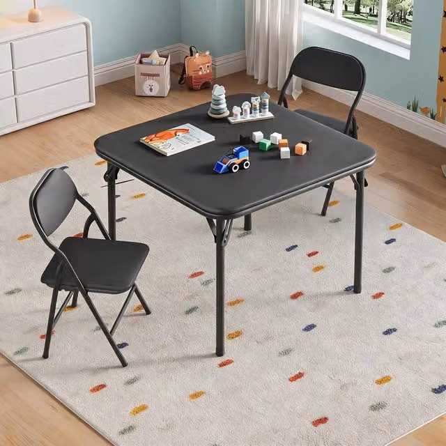 London Boutique 3-Piece Kids Folding Dining Table and 2 Upholstered Chairs Set in Black – 1