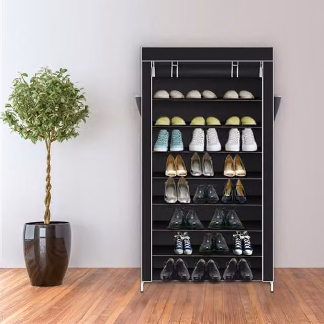 B Living Modern 10 Tier Freestanding Metal Shoe Rack Storage Cabinet with Roll Shutter, Black