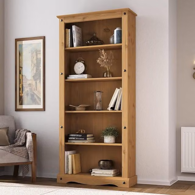 Mews Corona Tall Large Rustic Waxed Pine Bookcase in Brown