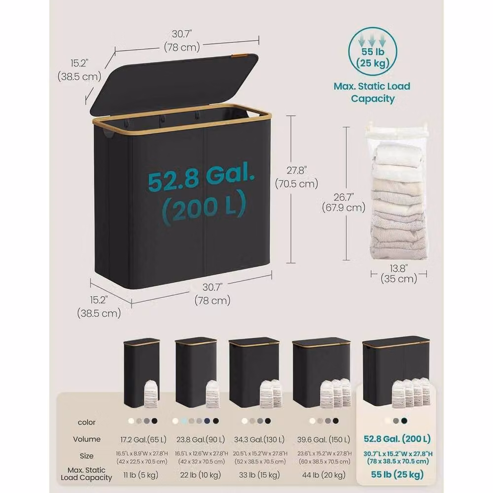 The Bazaarist 4 Compartment Laundry Hamper with Lid and Mesh Liners in Jet Black – 3