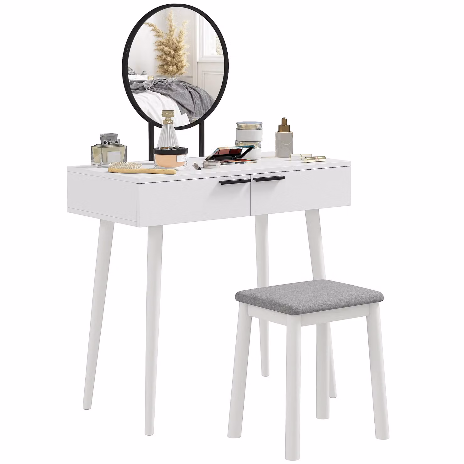HOMCOM White Modern Vanity Table Set with Cushioned Stool and Drawers – 2