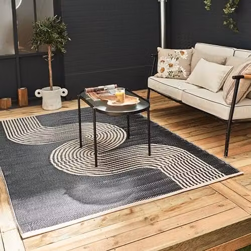 THE RUGS Urban Collection Outdoor Rug, Wave Design, Black and Beige, W: 90 cm, D: 150 cm