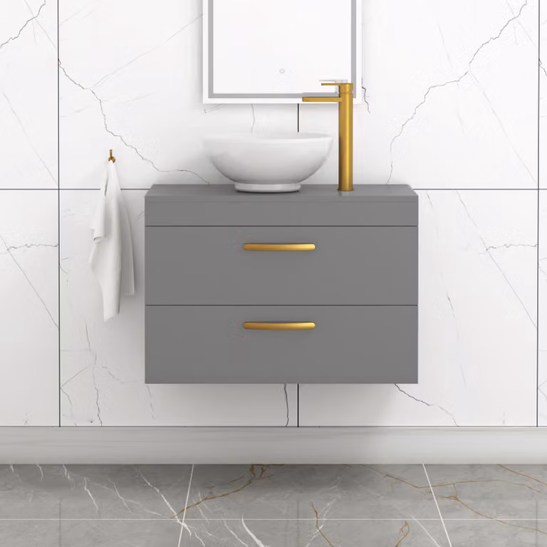 Royal Bathrooms 800mm Wall Hung Vanity Unit with 2 Drawers in Indigo Grey Gloss and Breeze Countertop Basin with Brushed Brass Handle