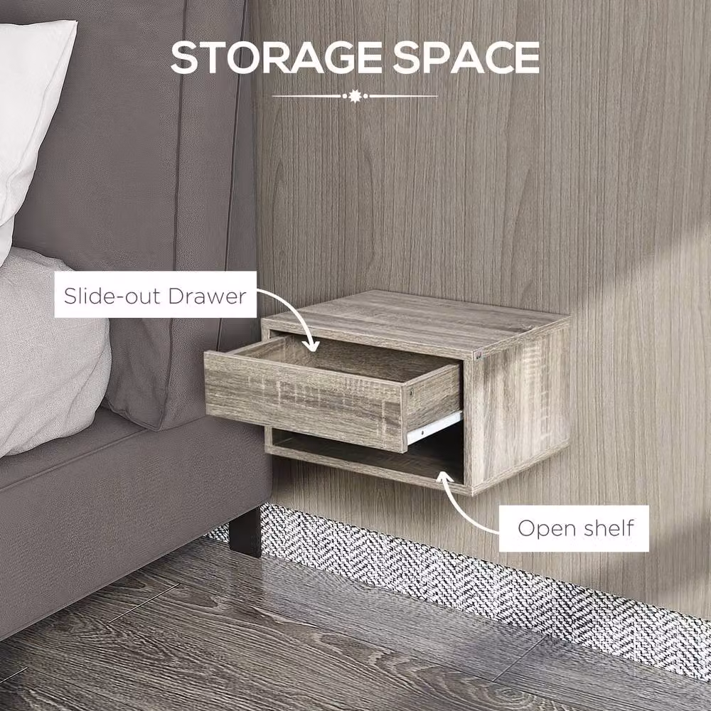 STILVORA Set of 2 Modern Wall Mounted Floating Bedside Tables with Drawer and Shelf in Grey – 4