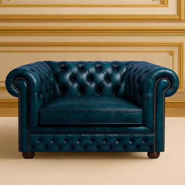 Somnior Beds Ltd Oxford 1 Seater Vintage Blue Leather Chesterfield Sofa