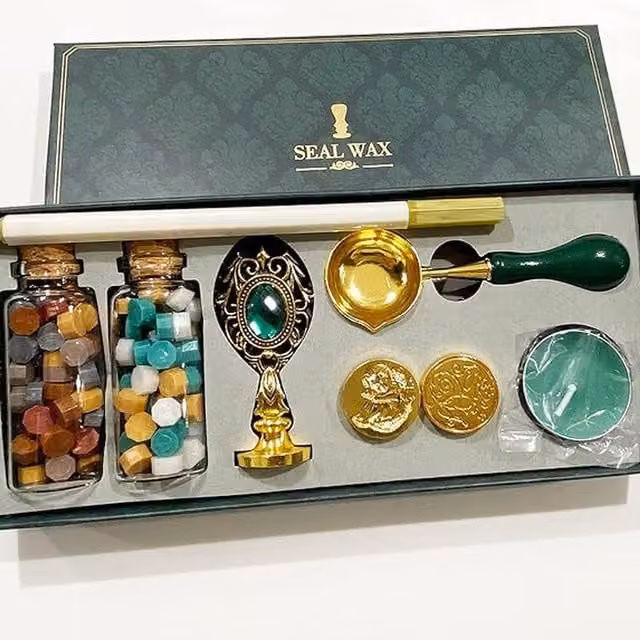 Syntego For You Stamp Wax Kit in Green, Gold and Multicolour with Wood and Brass Elements