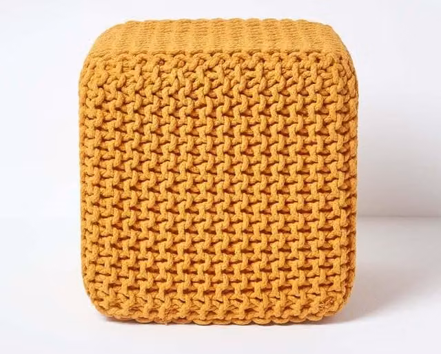 Homescapes Cube Cotton Knitted Pouffe Footstool in Yellow – 1