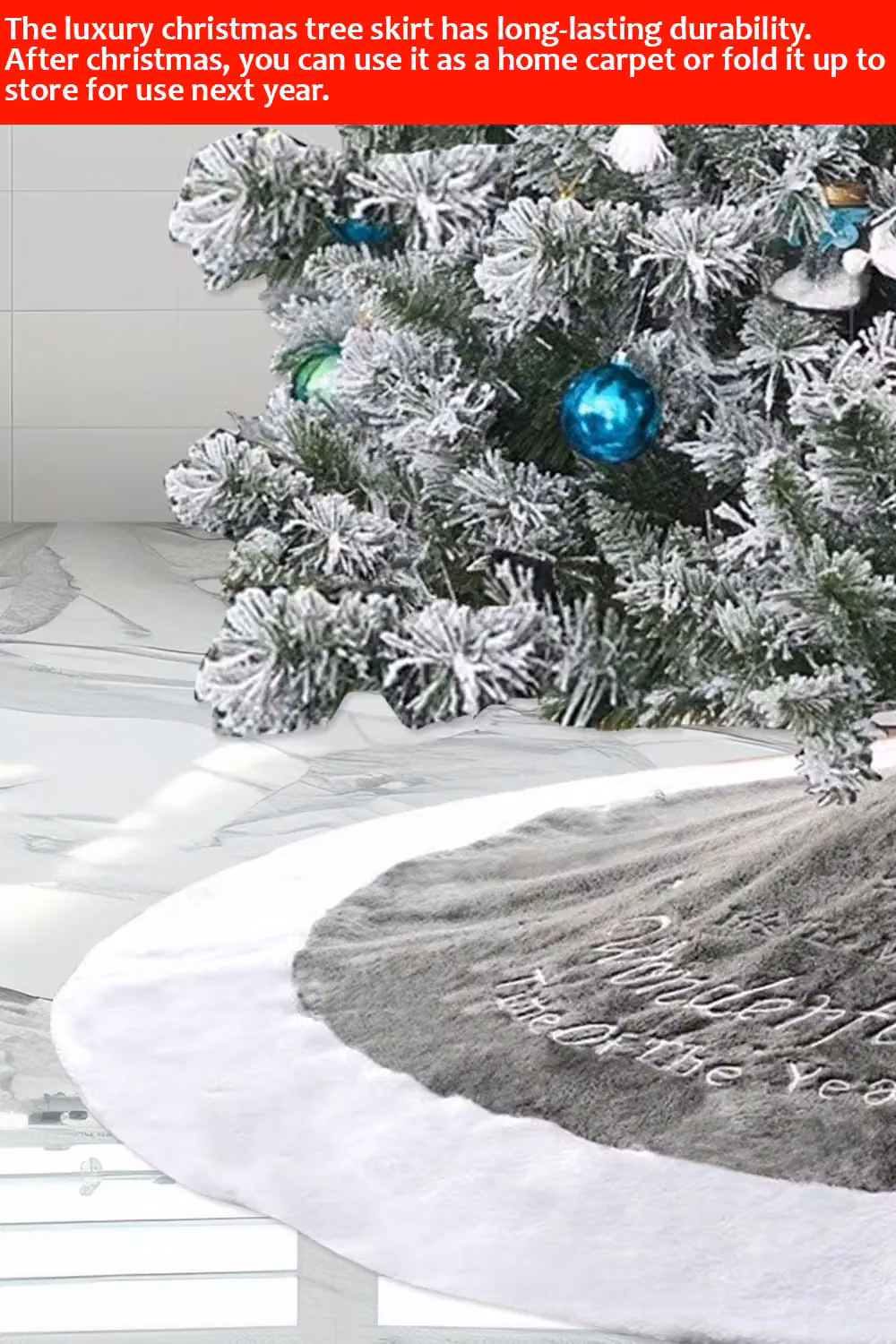 Neel Blue Round Velvet Christmas Tree Skirt in Grey, Diameter: 100 cm