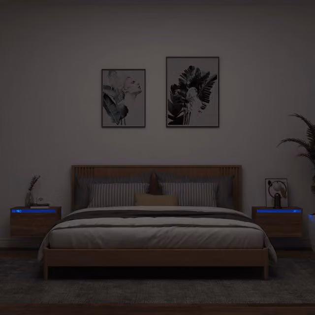 Berkfield Home Set of 2 Modern Wall-mounted Bedside Cabinets with Integrated LED Lights in Brown Oak