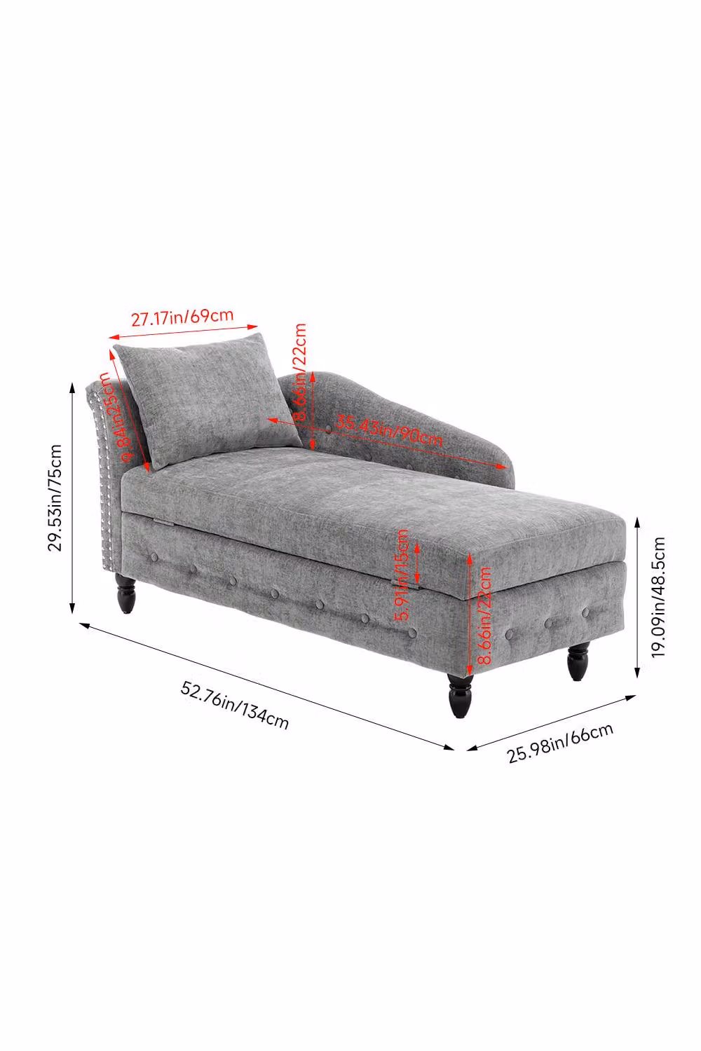 Living and Home Left Hand Facing Grey Chenille Chaise Lounge with Storage and Pillow – 2