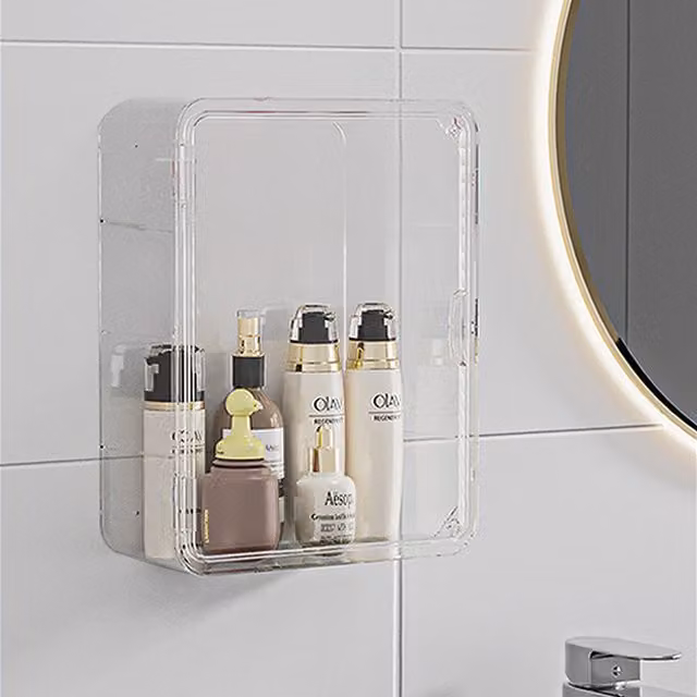 Komore Wall Mounted Transparent Acrylic Storage Box with Self Adhesive Sticker