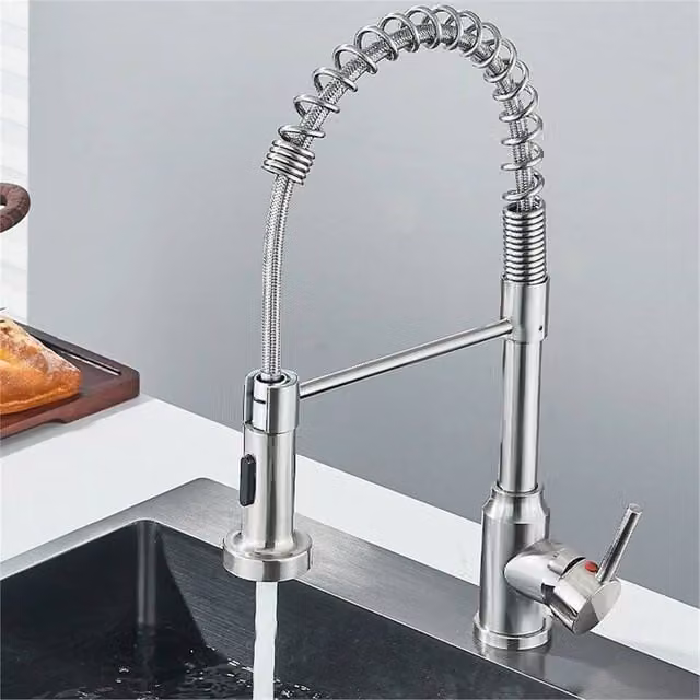 SPETLEK Modern Monobloc Pull Out Kitchen Mixer Tap in Silver Brushed Steel, H: 52 cm, W: 19 cm – 1