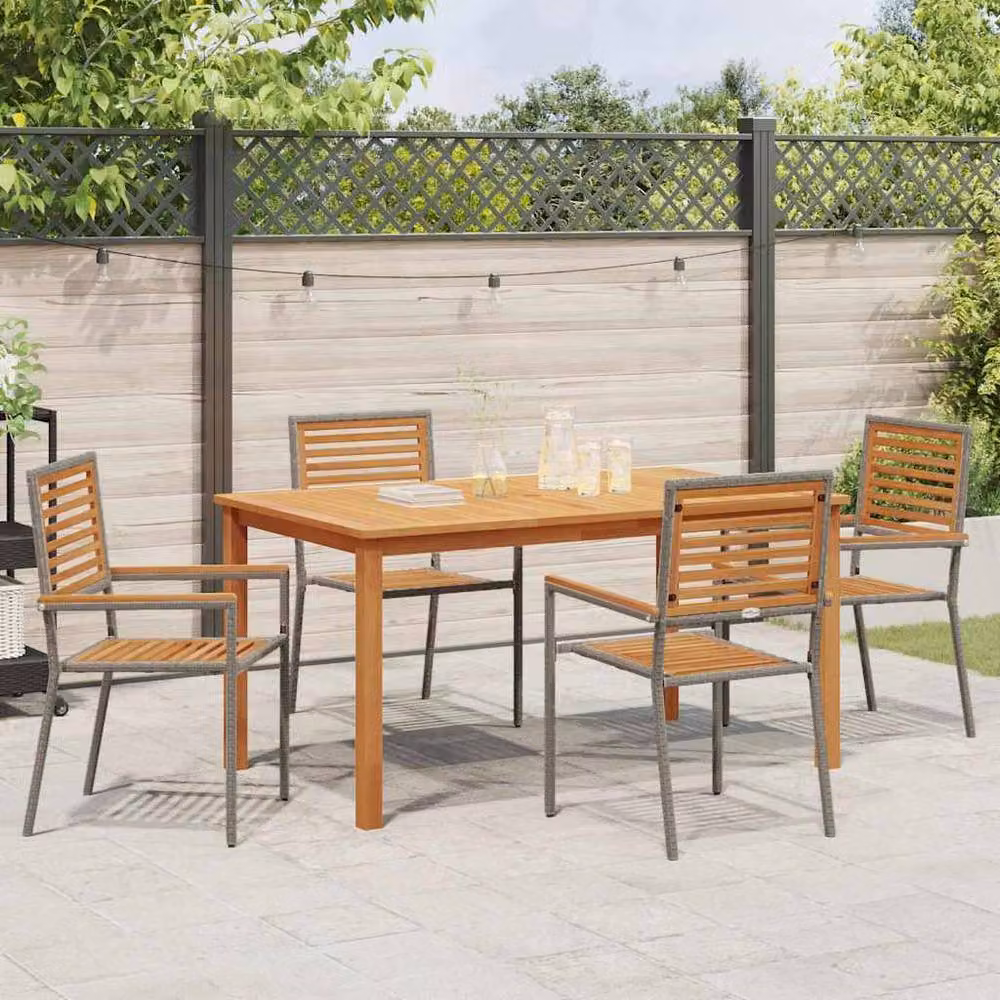 Berkfield Home 5 Piece Grey Poly Rattan and Acacia Wood Garden Dining Set – 3