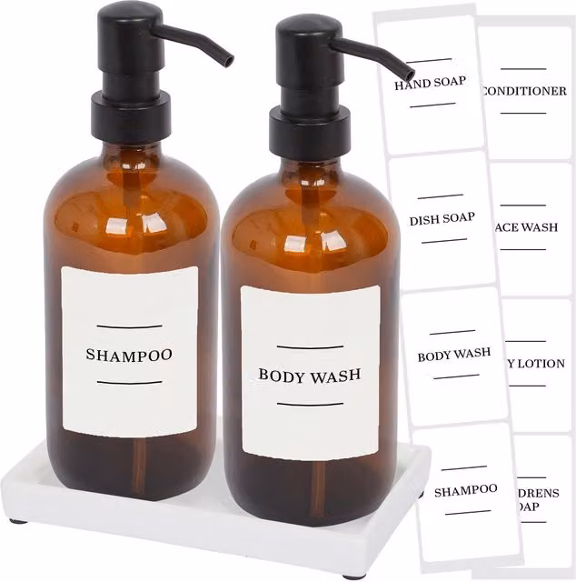 Harbour Housewares 2 Piece Glass Soap Dispenser Set with Ceramic Tray and Labels, 500ml, White in Orange – 6