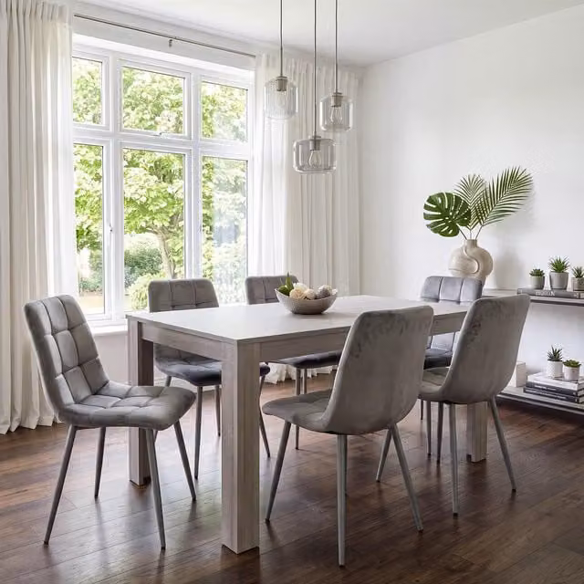 Kosy Koala Modern Grey Dining Table Set with Velvet Chairs and Bench, Width: 117 cm