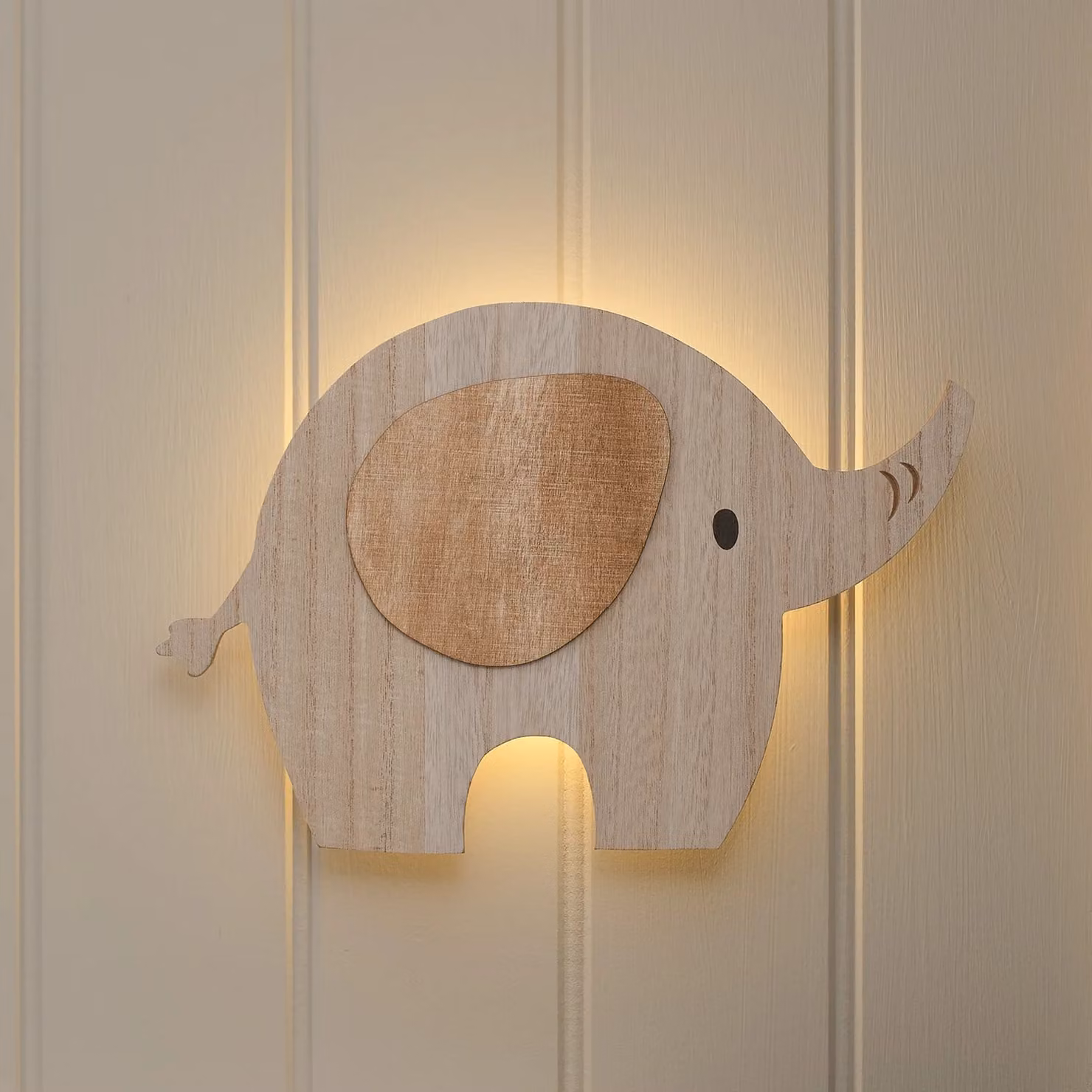 Ernie Elephant Children's Wooden Wall Night Light in White and Beige with Remote Control and Timer