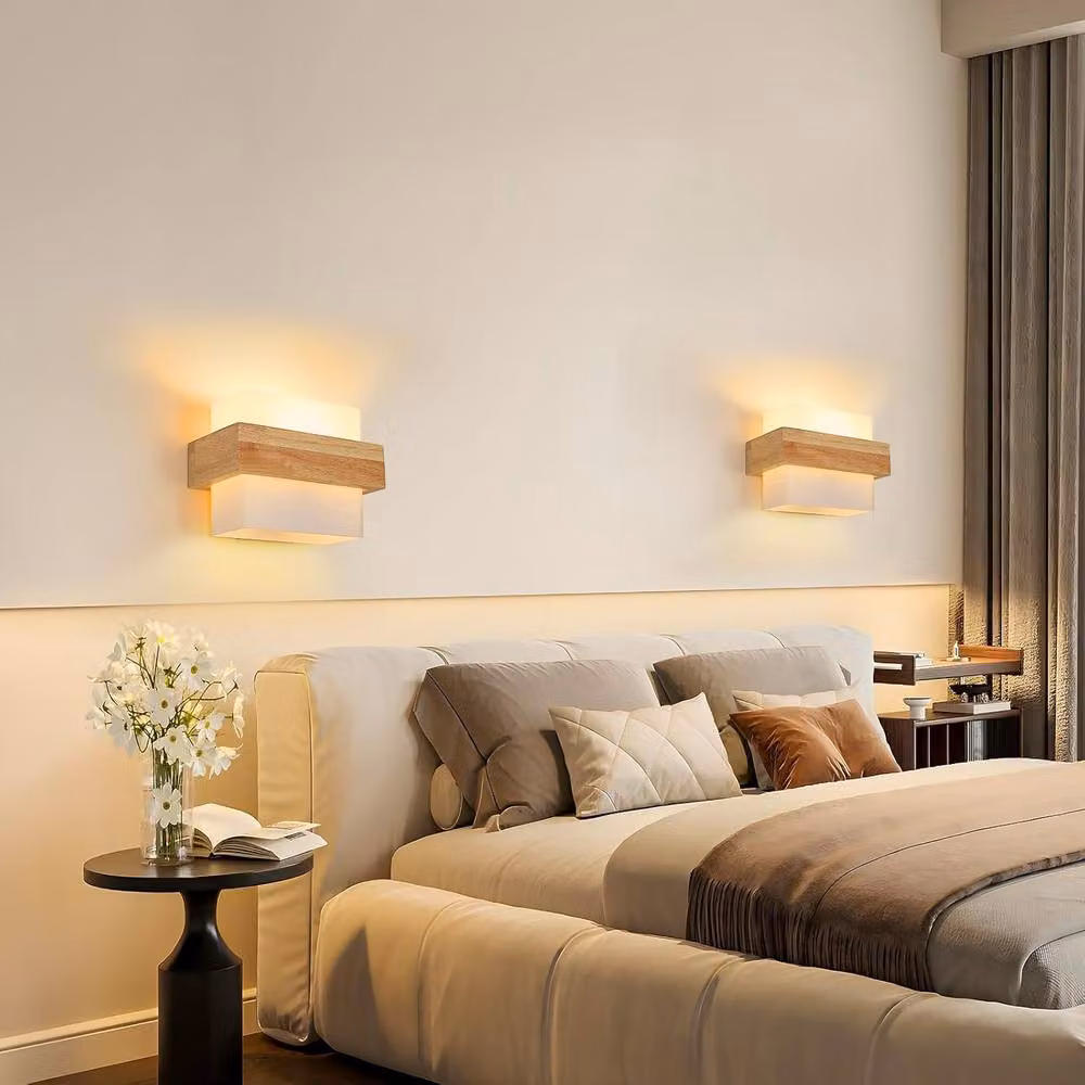 COMELY Modern Square Wooden Wall Light with Transparent Glass Shade, E27, Brown and White – 2
