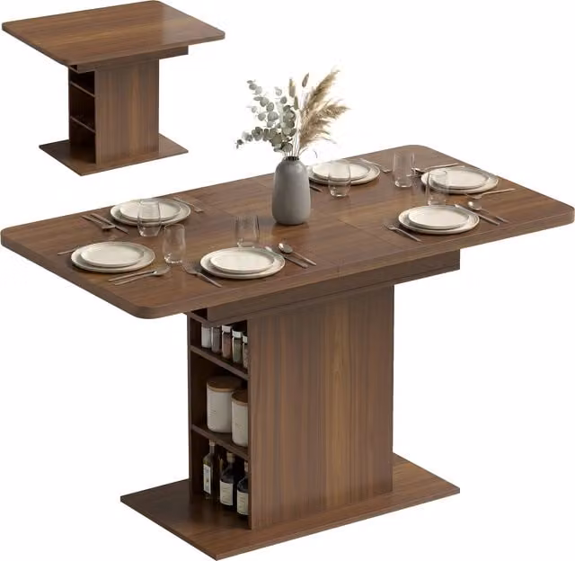 HOMCOM Extendable Modern Rectangular Dining Table with Shelves for 4-6 People, Walnut Brown