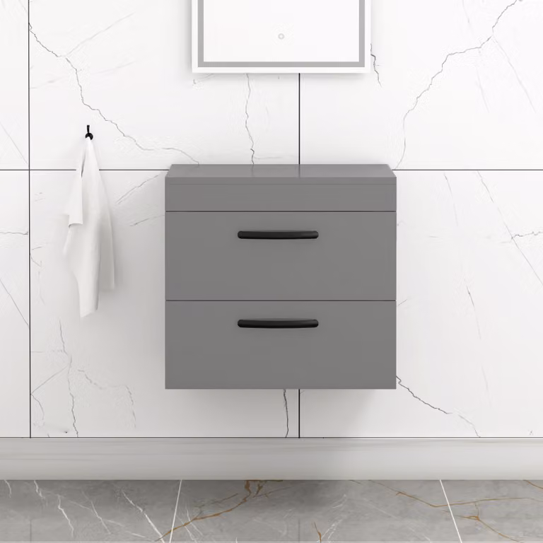 Royal Bathrooms Indigo Grey Gloss Wall Hung 2 Drawer Vanity Unit with Matt Black Handles, Width: 60 cm