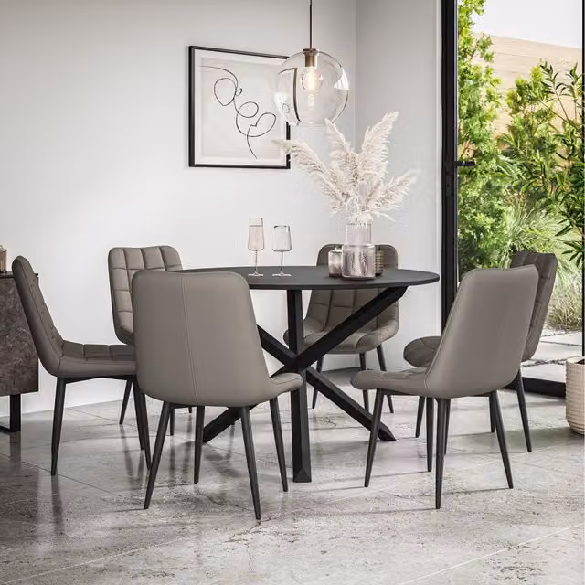 More4Homes Malvern Round Black Dining Table Set with 6 Grey Nova Faux Leather Chairs and Black Oak Legs, Diameter: 120 cm, Height: 75 cm