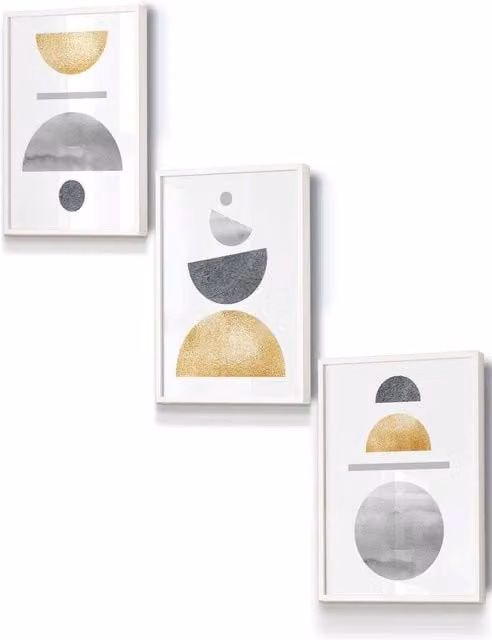 ARTZE Mid Century Geometric Abstract Framed Wall Art in Yellow, Grey and White, W: 33 cm, H: 45 cm, D: 0.2 cm