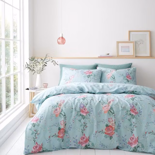 Portfolio Home Rose Garden Floral Duvet Cover and Pillowcase Set in Duck Egg Blue, Single (Duvet Cover: 90 x 200 cm, Pillowcase: 50 x 70 cm)