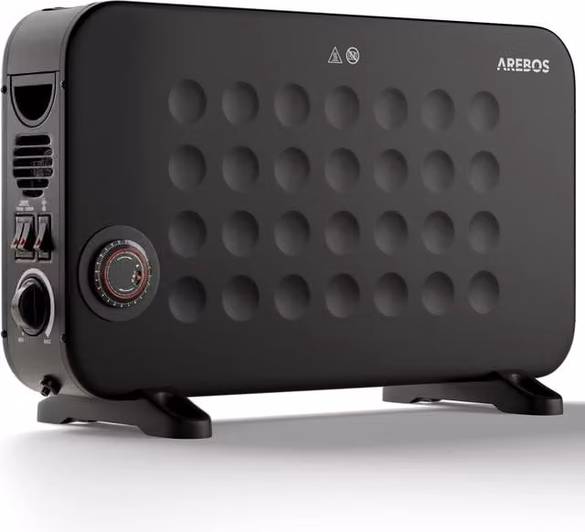 AREBOS 2000W Convector Heater in Black with Thermostat and Overheat Protection
