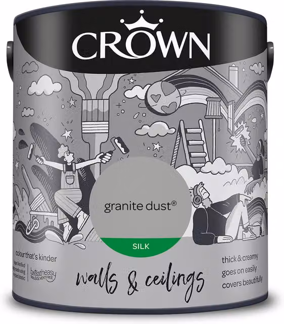 Crown Walls and Ceilings Silk Emulsion in Granite Dust Grey, 2.5 l