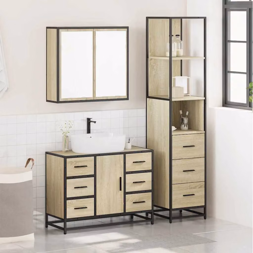 Berkfield Home 3 Piece Industrial Bathroom Furniture Set in Sonoma Oak and Brown – 2