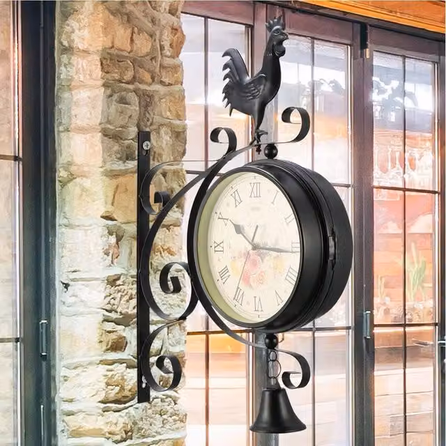 KORVIXA Retro Round Double Sided Metal Outdoor Garden Wall Clock in Black, Diameter: 100 cm