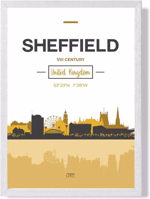 ARTZE Sheffield City Skyline Framed Paper Poster, Yellow and Black with White Frame, A4