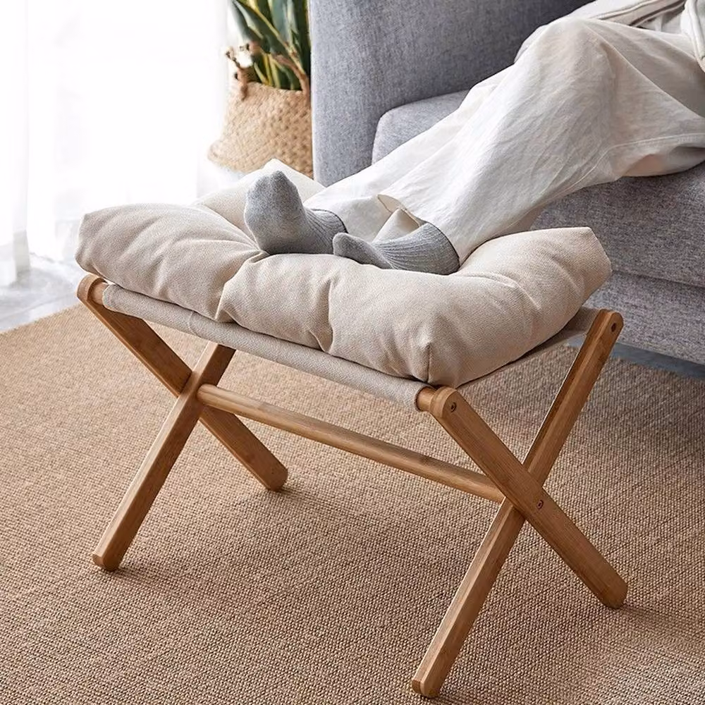 FORGEVIO Foldable Footstool with Bamboo Legs and Soft Beige Fabric Pad, W/D/H: 54.0 x 36.0 x 25.0 cm – 2