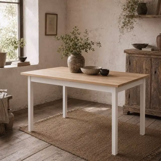 Wyld Haus Sasoroma 4 Seater Farmhouse Dining Table in Natural White, W/D/H: 120 x 75 x 75 cm