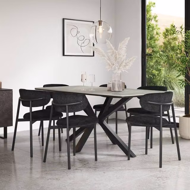 More4Homes Juno Light Grey Ceramic Rectangular Dining Table and 6 Myla Black Linen Chairs, W/D/H: 180 x 90 x 75 cm – 1