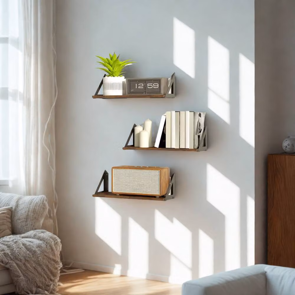 FURNOS 3-Piece Industrial Wall Mounted Reversible Floating Shelves in Brown and Black – 2