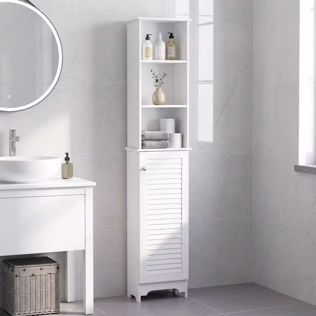 STILVORA Freestanding White Bathroom Cabinet with Roll Shutter, LED Lighting and Internal Shelves, H 165.0 x W 34.0 cm