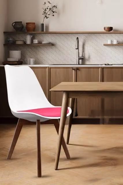 Fusion Living Soho Plastic Dining Chair with Dark Wood Legs in Bright Pink