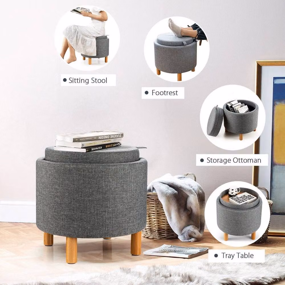 Kelvenix Round Grey Fabric Storage Ottoman with Wood Frame – 4