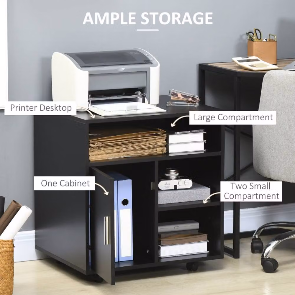 STILVORA Modern Printer Stand with Storage and Wheels in Black – 5