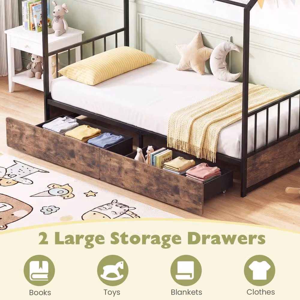 Costway Single Size Metal Bed Frame with 2 Drawers, Headboard and Footboard in Brown, W/D/H: 90 x 200 cm – 5