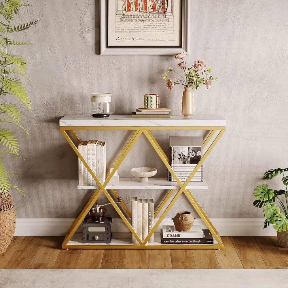 KORVIXA 3-Tier Industrial Entryway Table with X-Frame in White, W/D/H: 100 x 100 x 66.5 cm – 2