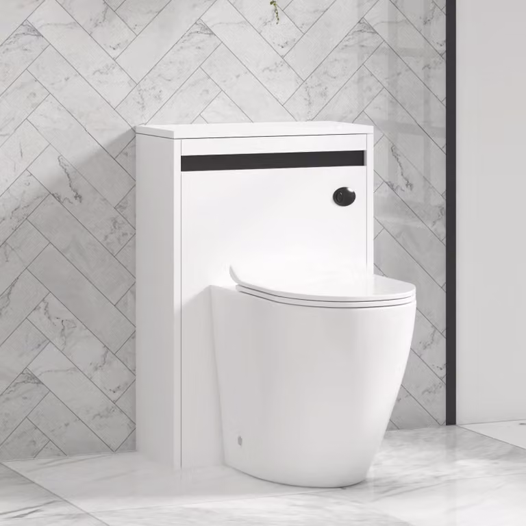 Royal Bathrooms Orion 540mm Matt White Back to Wall WC Unit with Elva Rimless Short Projection Ceramic Toilet Pan, Slim Soft Close Seat and Cistern with Black Accent Trim