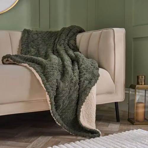 OHS Reversible Sherpa Fleece Throw Blanket with Cable Knit Design, Green, W/D/H: 130 x 160 cm – 2