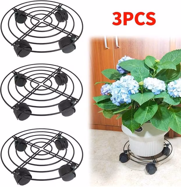 FLAVORA 3 Pack Round Metal Plant Pot Caddy in Black